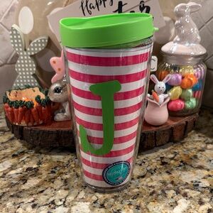 Pink and White Striped Tumbler with Green Lid and Initial J.